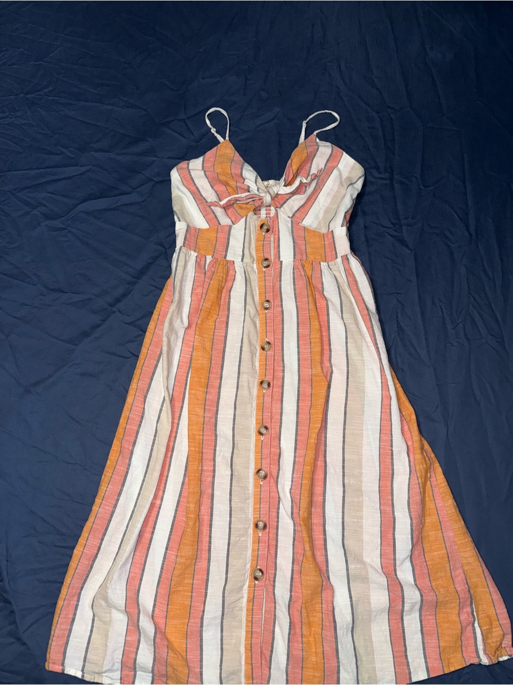 Striped Tie-Front Sundress in Coral, Mustard & Cream